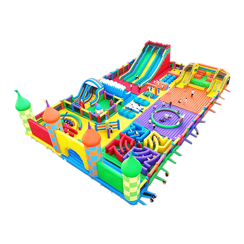 40x25m Color Castle Theme Inflatable Fun Park with slides, obstacles, and checkered turrets in red, yellow, blue, and green