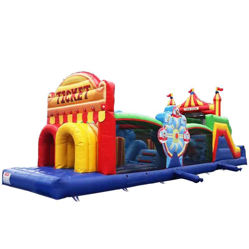 47-ft Circus Straight-Line Obstacle Course featuring red, yellow, and blue PVC with a ticket booth entrance and Ferris wheel decoration