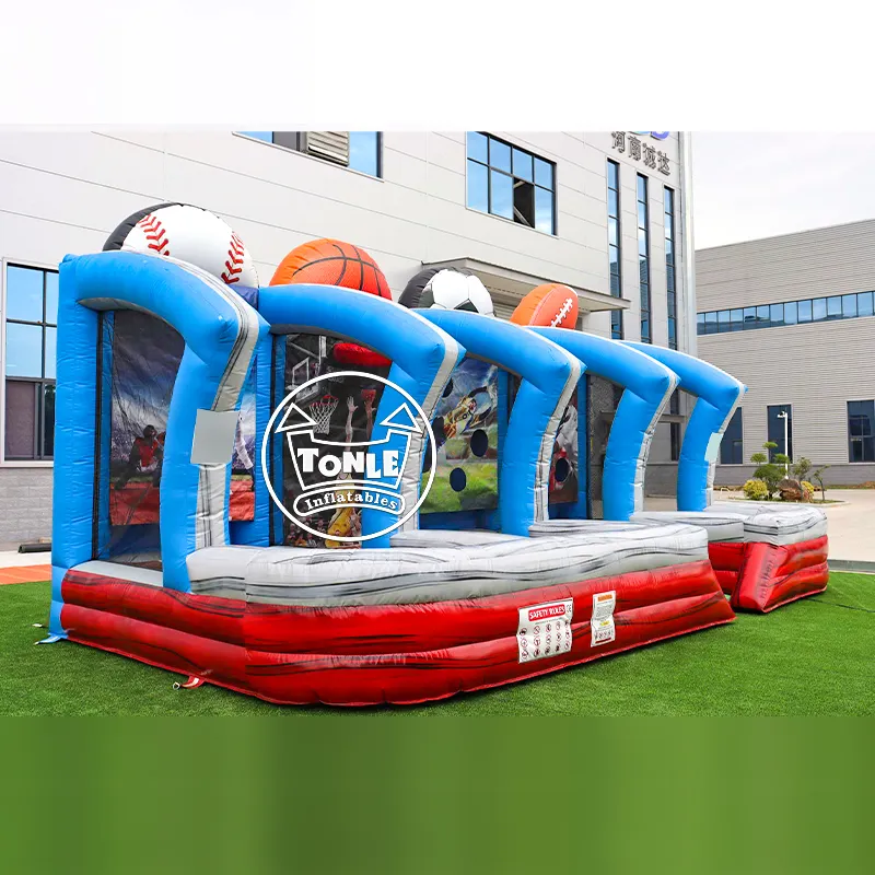 7.8m inflatable carnival game with four sports lanes featuring baseball, basketball, soccer, and football themes in blue and red