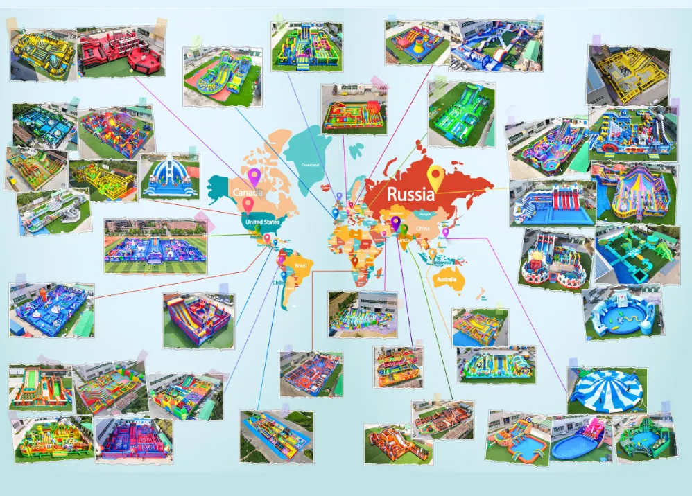 World map of TONLE inflatable park installations with real project photos from customers worldwide