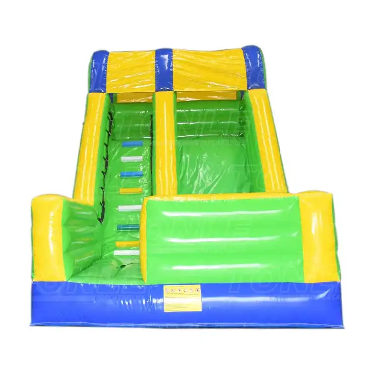 Front view of 6x3.5x5.5m inflatable dry slide with green, yellow, and blue colors and dual lanes