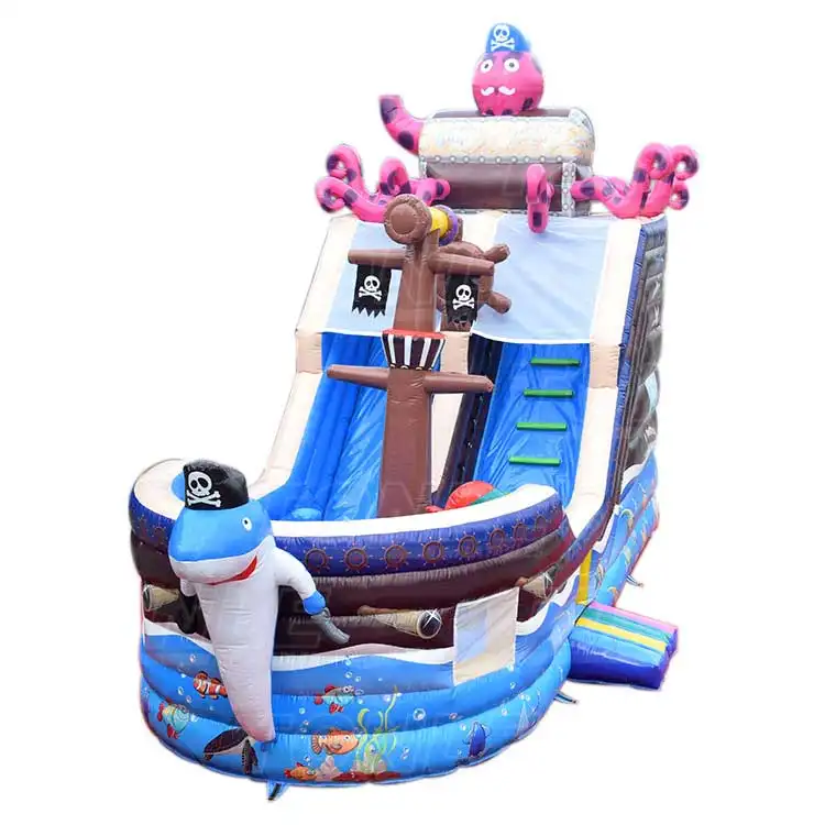 32ft Inflatable Octopus Slide featuring a pirate ship design with pink octopus topper and blue dual lanes