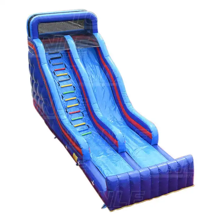 Blue inflatable dry slide with red stripes and colorful climbing steps