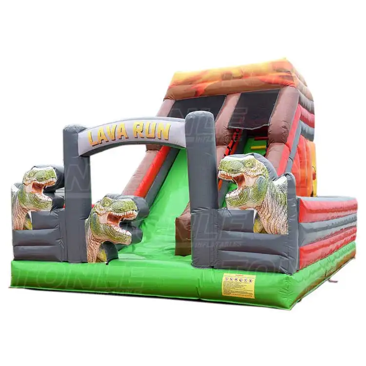 Front view of Jurassic Park bounce slide featuring T-Rex graphics and green slide lane