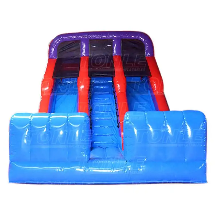 Front view of 7.8m double lane dry slide in blue, red, and purple PVC