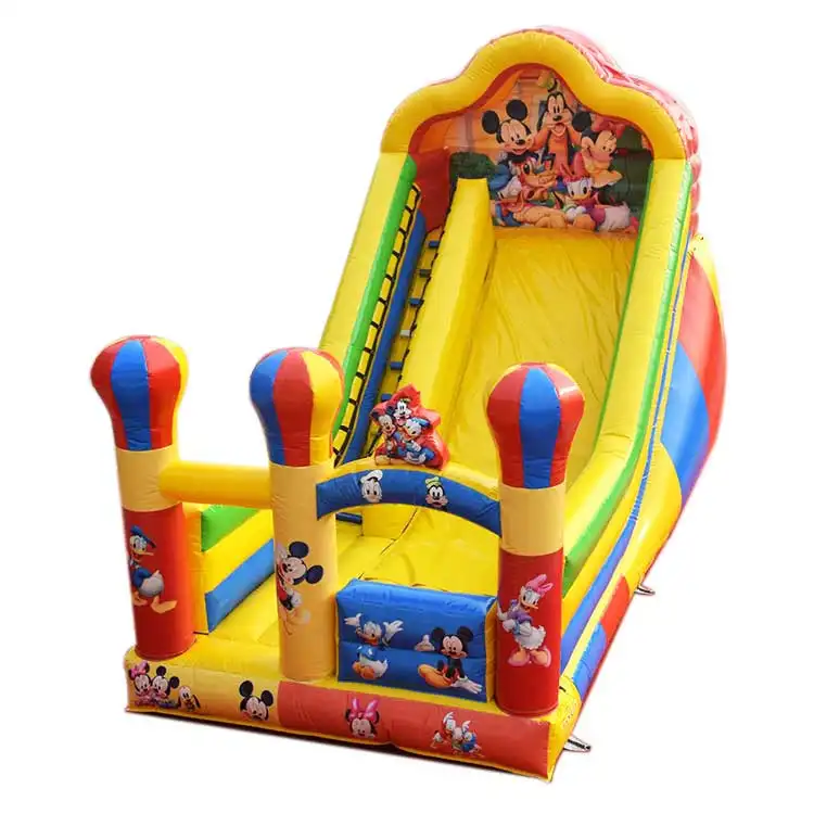 Front view of 25ft Mickey Mouse inflatable slide with yellow lane and red blue columns