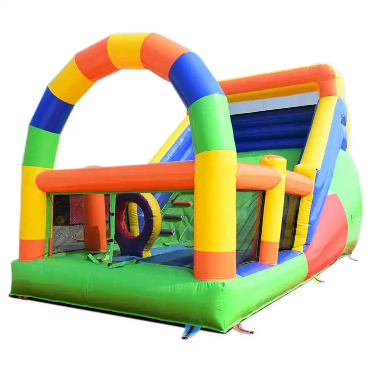 Front view of 20x11x18ft inflatable dry slide with rainbow arch and green base