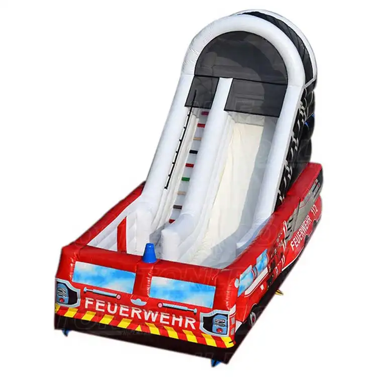 Red and white 7m inflatable fire truck slide with dual lanes and FEUERWEHR graphics