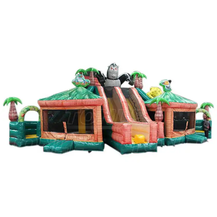Rainforest Triple Slide inflatable with gorilla figure and three lanes, 28x49ft