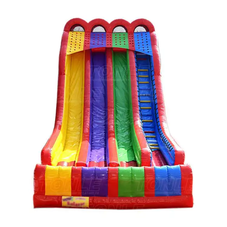 Front view of 25m triple lane inflatable slide with yellow, purple, and green chutes and red borders