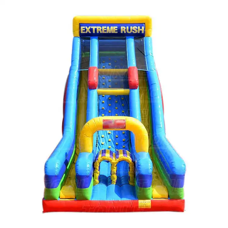 Front view of the 29.5ft Vertical Extreme Rush Slide featuring blue and yellow dual lanes with a red base