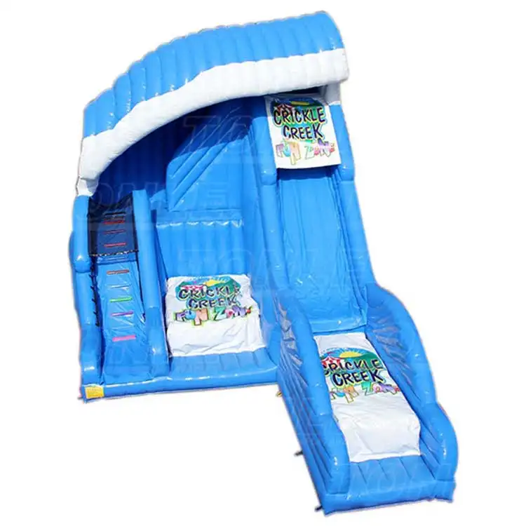 Blue and white 12.3m Shock Wave inflatable dry slide with wave canopy