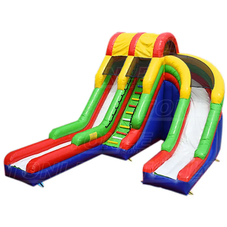 Red, yellow, green, and blue 30x20ft Helix inflatable dry slide with dual lanes