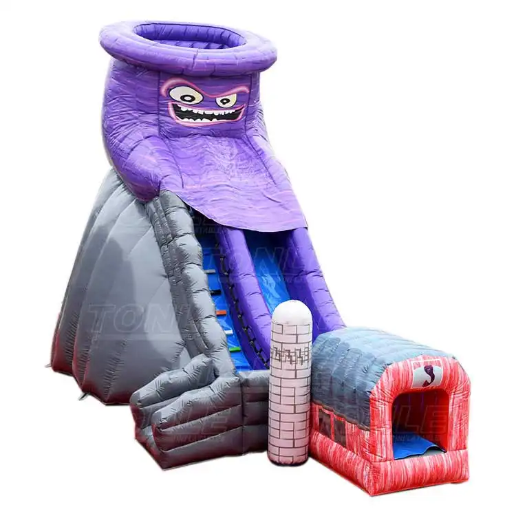Twisted Twister 10m purple monster inflatable dry slide with grey climbing wall and red tunnel exit
