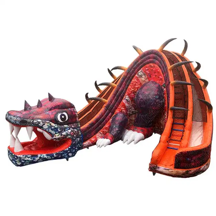 Red and orange inflatable dinosaur slide with spikes and open mouth entrance