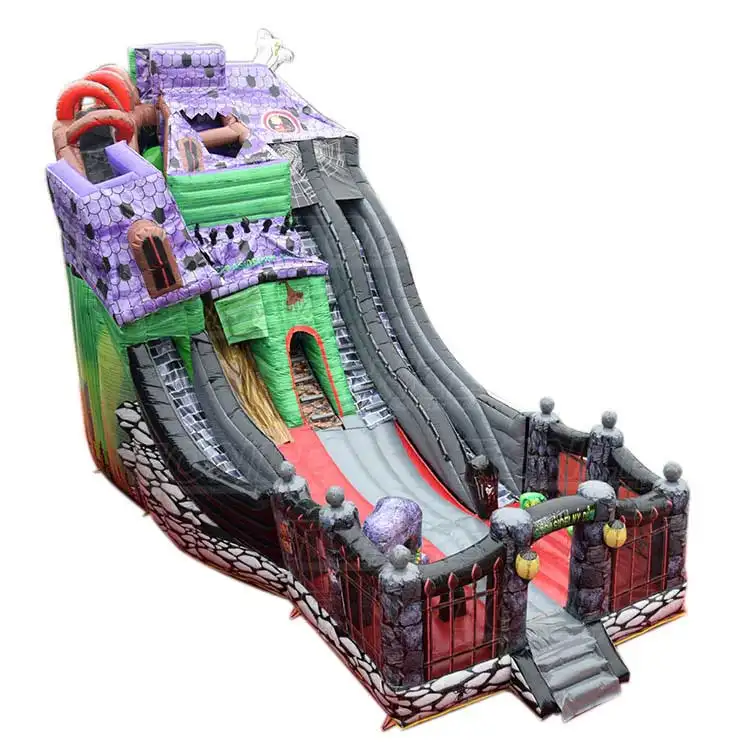 Spooky Mansion Slide full view showing purple turrets and dual grey lanes