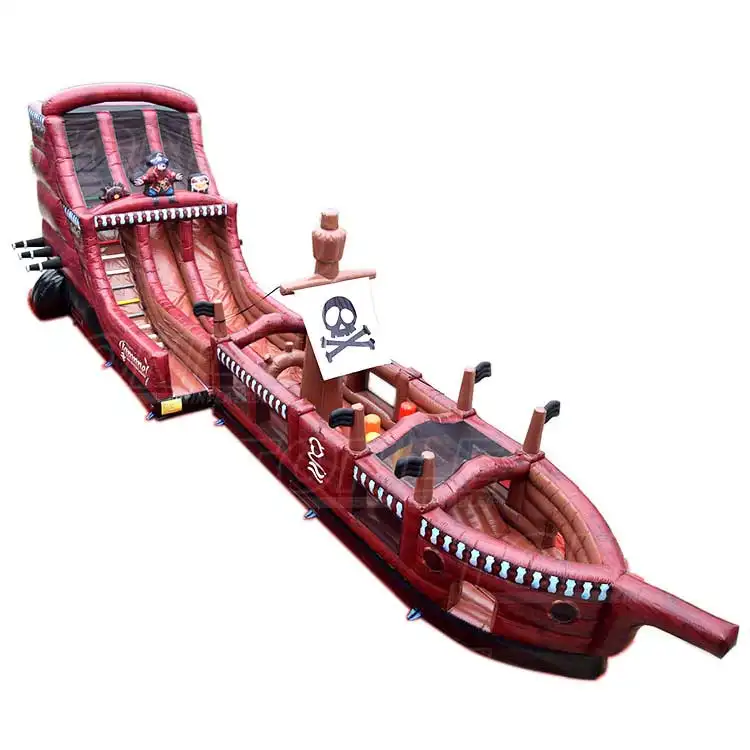 Red inflatable pirate ship water slide with skull flag and dual lanes