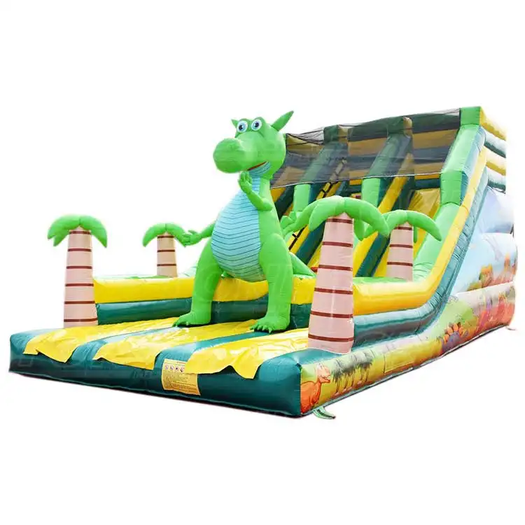 Green dinosaur dry slide with palm trees and jungle theme, 9x5x6.5m size