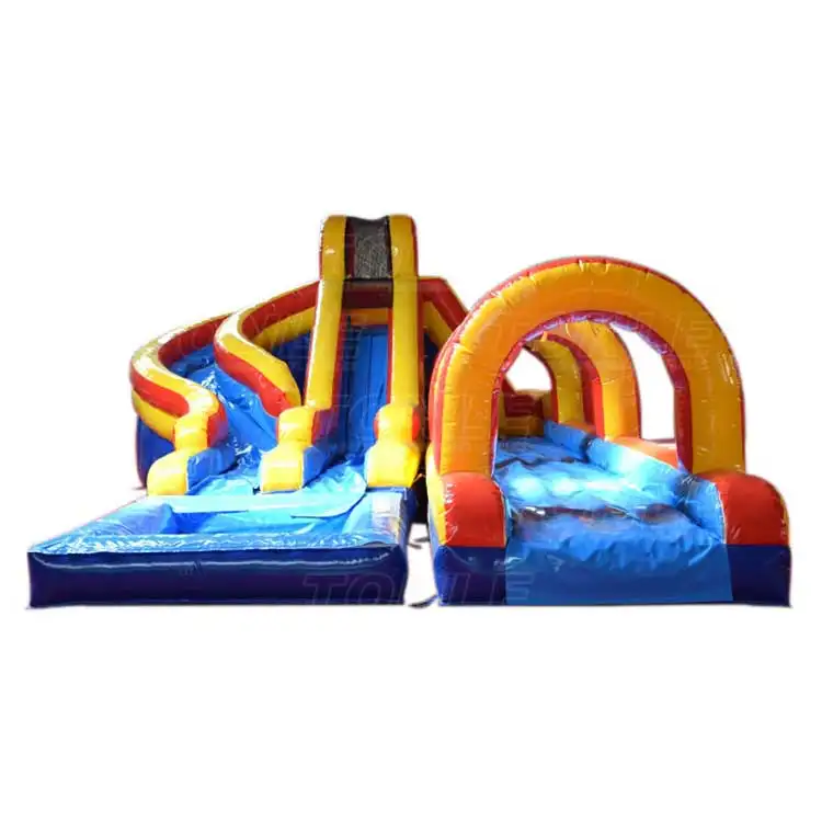 16ft Trident dual lanes water slide featuring red yellow and blue colors with two slide lanes and arch tunnels