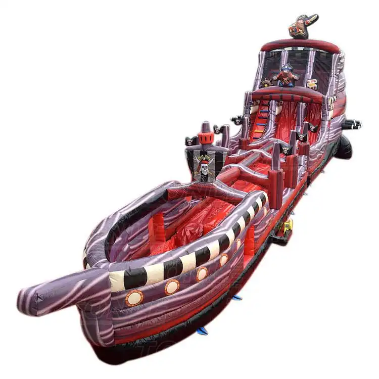 30ft Pirate Captain dual lane water slide with red and purple ship design