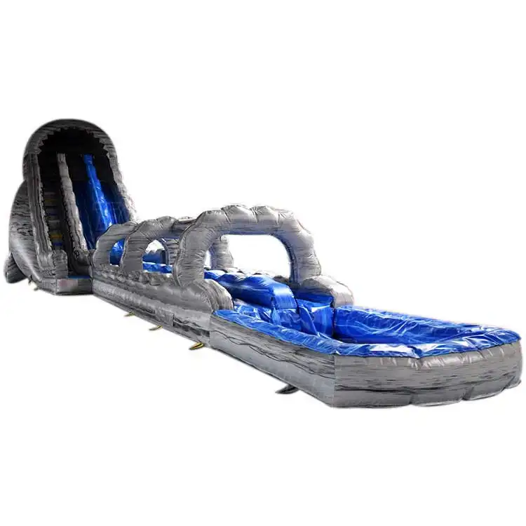 23ft Grey Marble dual lanes water slide with blue sliding surface and arched tunnels