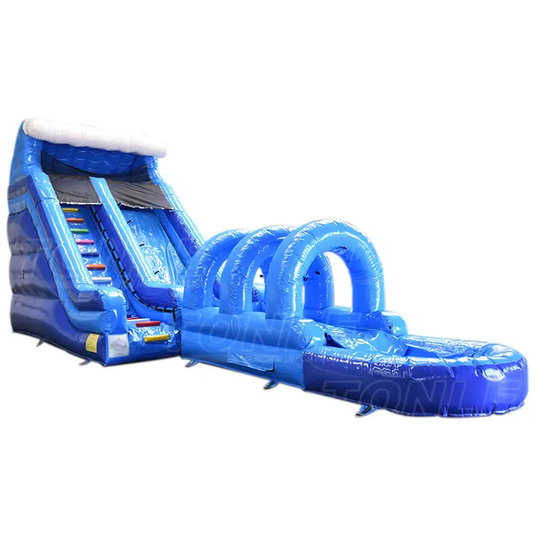 23ft Blue Planet single lane water slide with triple arches and splash pool