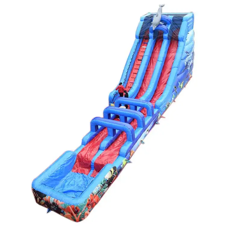 25ft Seaworld dual lane water slide with blue frame and red chutes