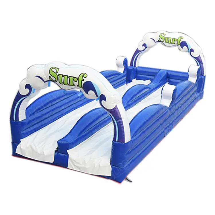 Blue and white 33ft dual lane inflatable water slide with Surf wave arches