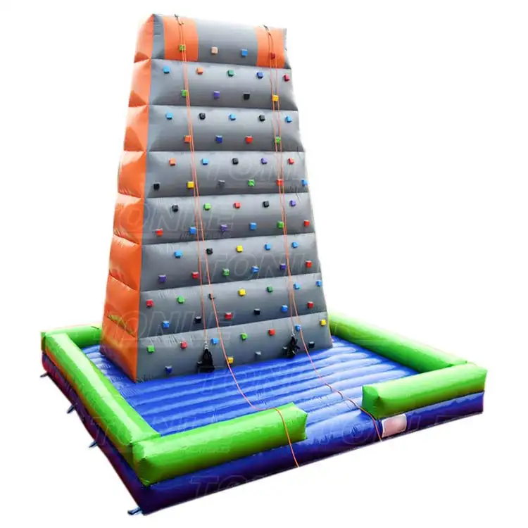 Grey and orange 8m inflatable climbing wall with dual lanes and colorful handholds