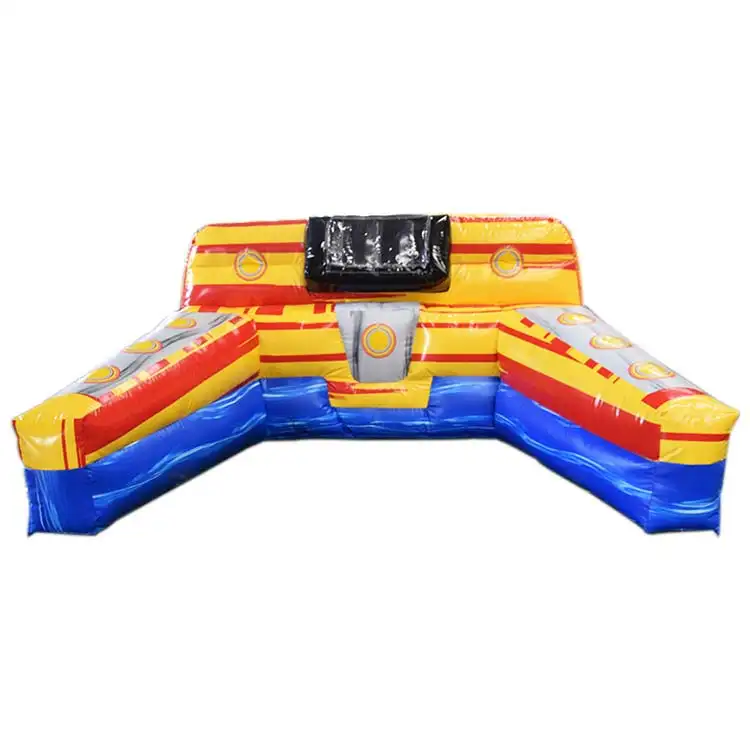 Red yellow and blue inflatable hit and run game with U-shape design