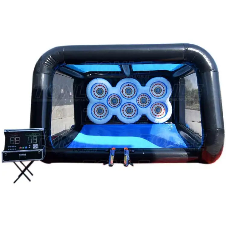 Black and blue 15x15ft inflatable shooting game with seven targets and IPS digital scorer