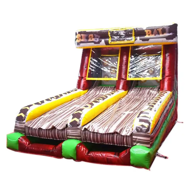 Red and brown inflatable skee ball game with dual lanes and green base accents