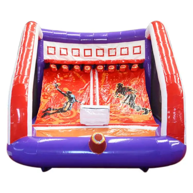 Front view of red and purple inflatable sports game with player graphics