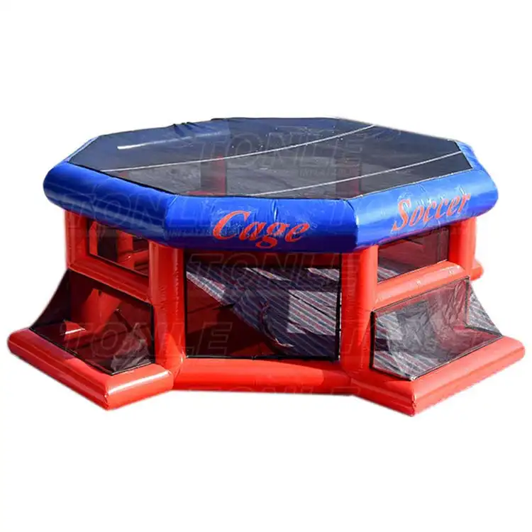 Red and blue octagonal Inflatable Street Soccer Cage with mesh roof
