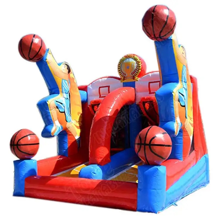 Red and blue inflatable basketball hoop game with player graphics measuring 5m x 4.7m