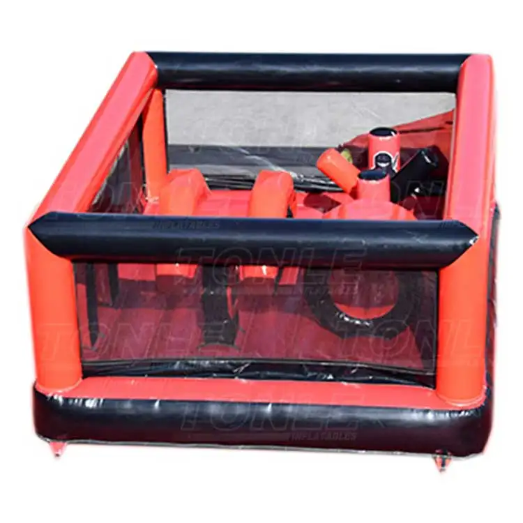 Red and black 10x8m Ninja Jumping Castle with mesh walls