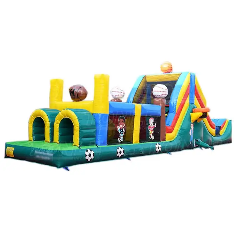 12m Sport Obstacle Course inflatable with green base, yellow tunnels, and sports ball decorations