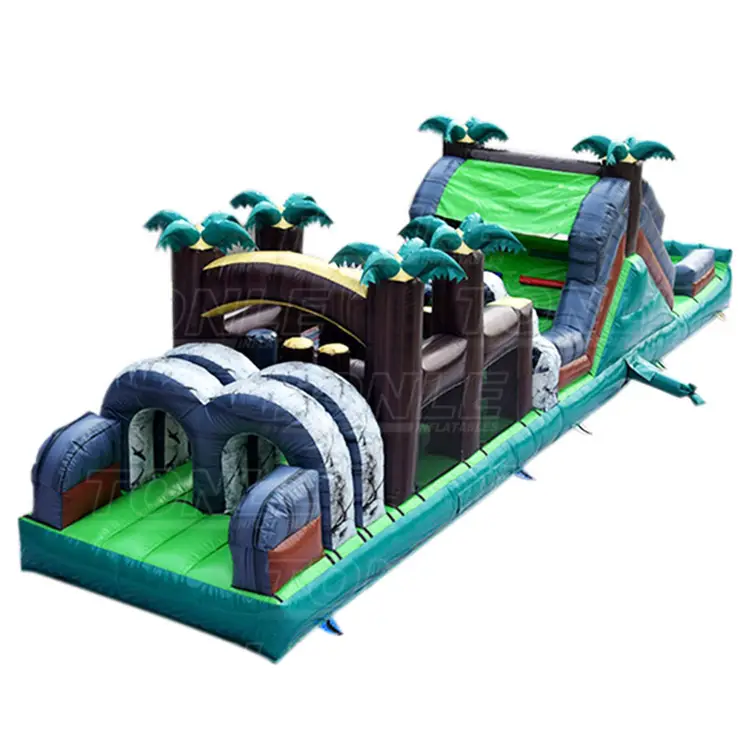 Jungle Rock Obstacle course featuring green palm trees and rock tunnels, 12m length