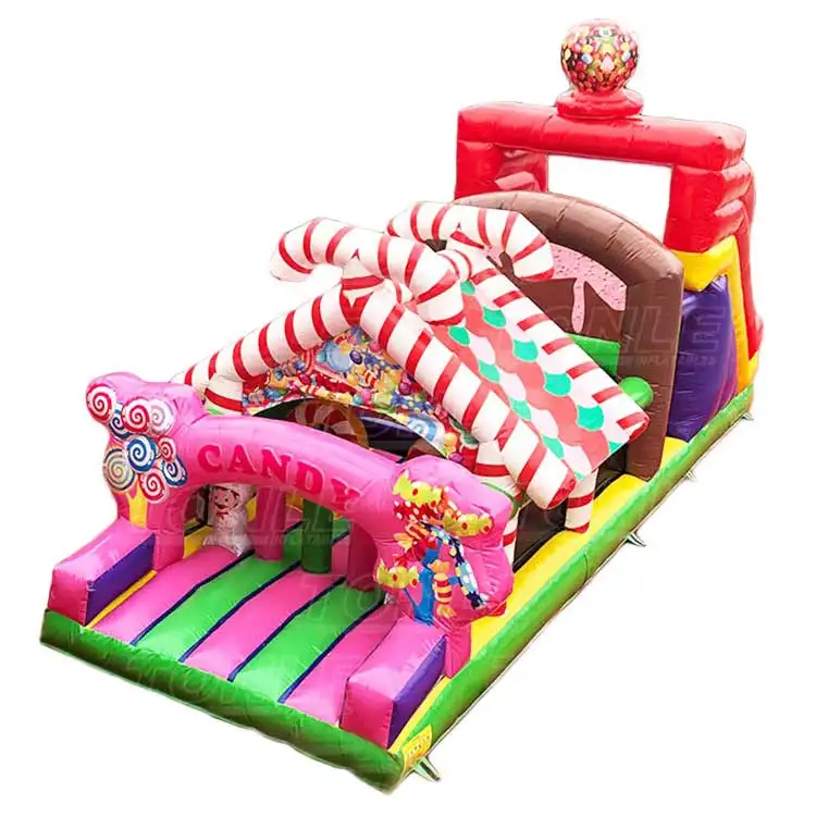 Pink and green Candy Obstacle Course with candy cane arches and 11.9m size