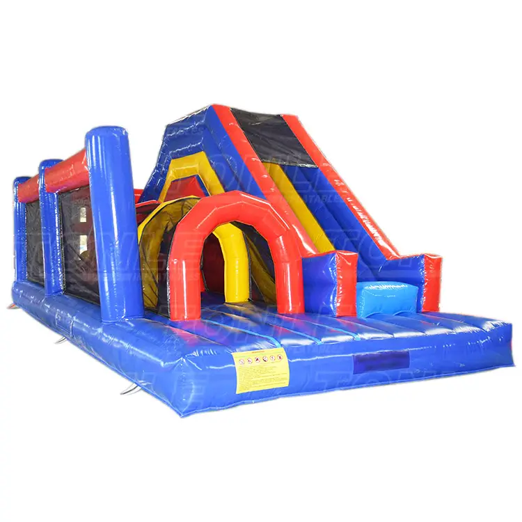 Blue, red, and yellow mini obstacle course with slide and tunnel, 9m length