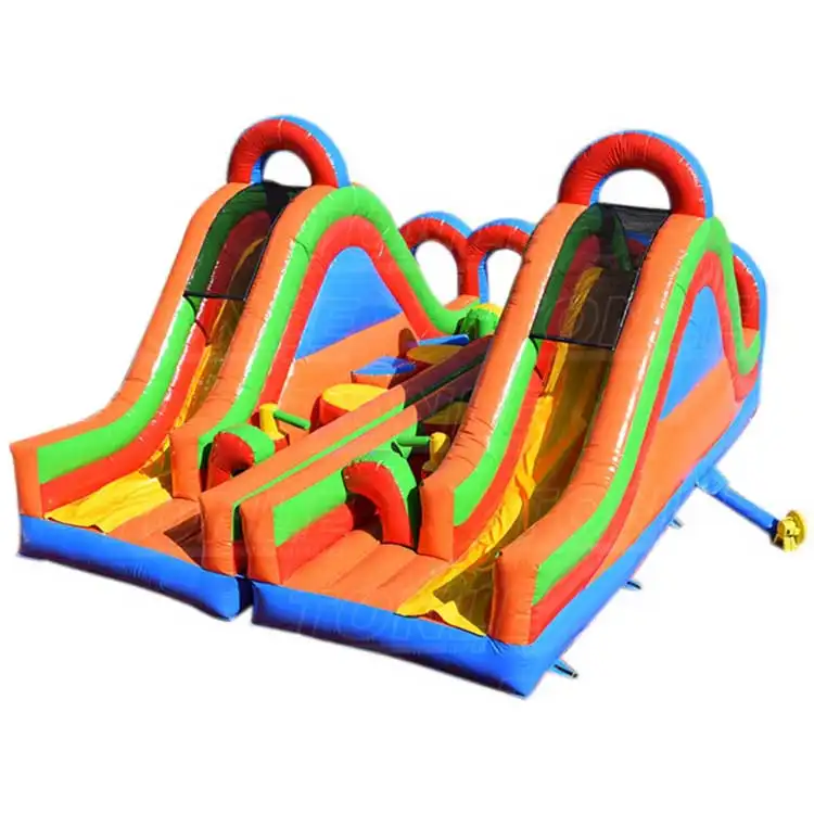 Turbo Rush Funhouse Obstacle Course showing dual orange and green slides with blue base, 8x6m size