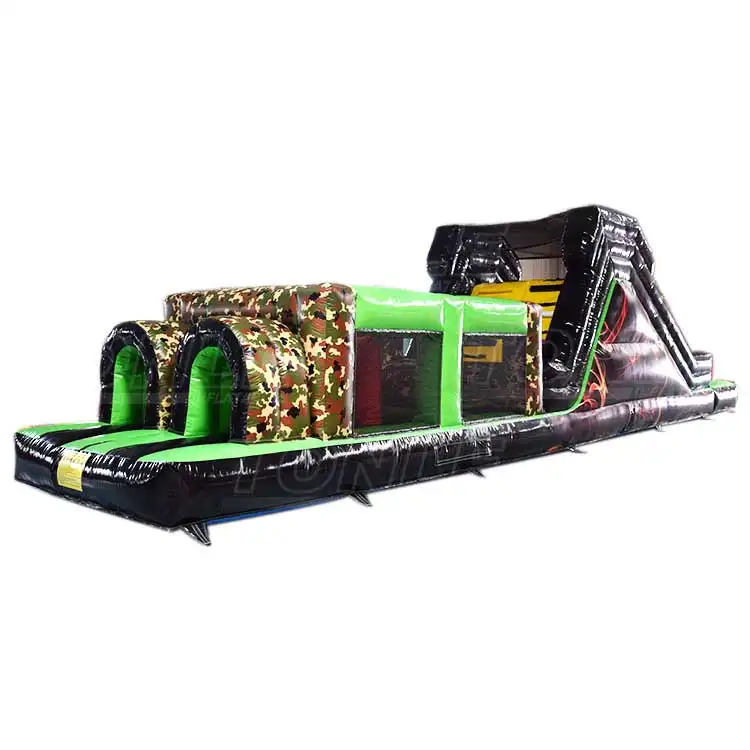 14m bootcamp inflatable obstacle course with camouflage tunnels and black climbing wall