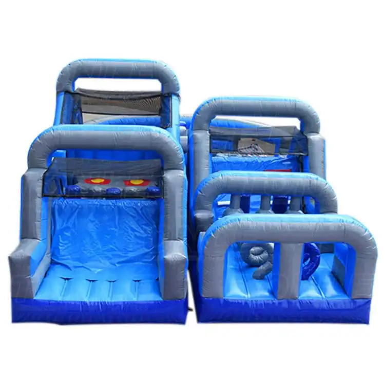 Blue and grey U-shape inflatable obstacle course with dual lanes and climbing nets