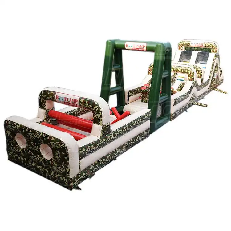 18m inflatable boot camp obstacle course with green camouflage pattern and red barriers