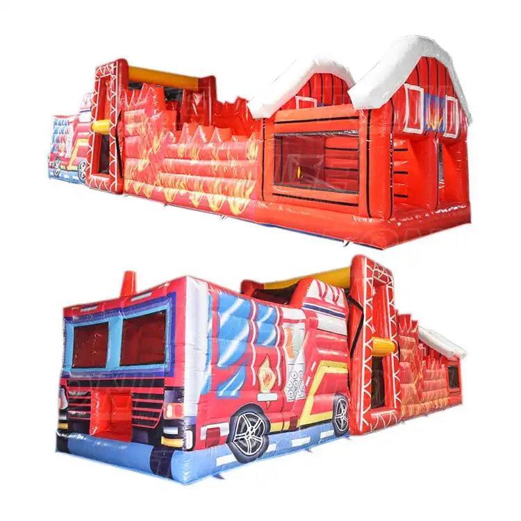 Side view of red fire truck inflatable obstacle course with flame graphics and barn finish