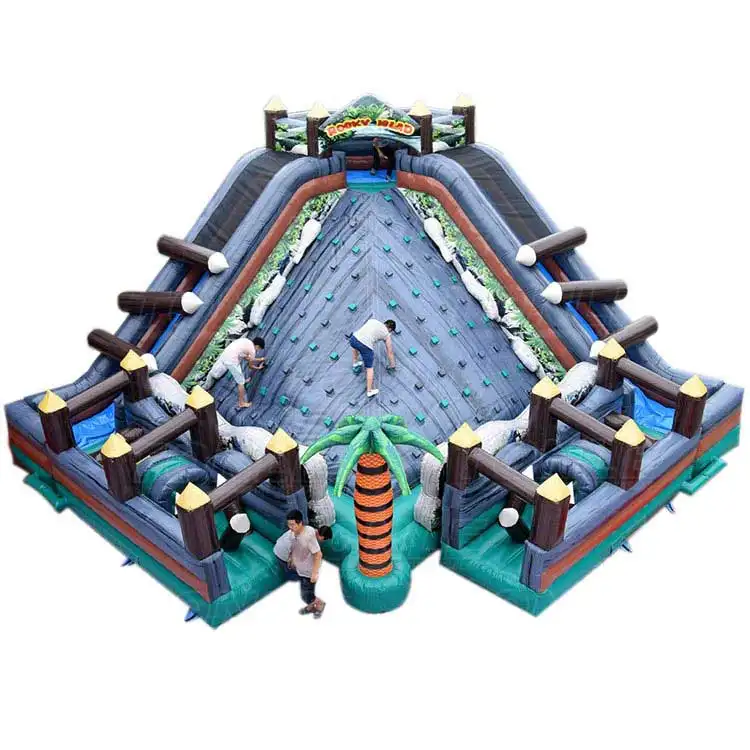 Mountain Rocky Island Obstacle inflatable showing pyramid climbing wall and four slides