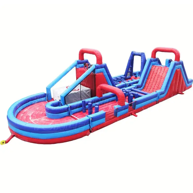 Red and blue 23m Rugged Warrior inflatable obstacle course with slide and pool