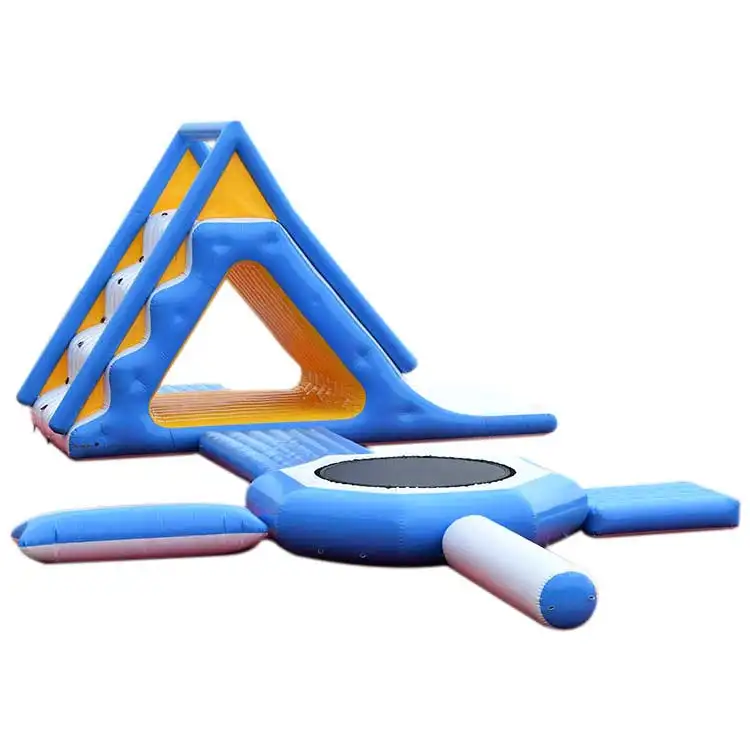 Blue and yellow inflatable Summit Slide with pyramid climb and trampoline blob, 14.5m size