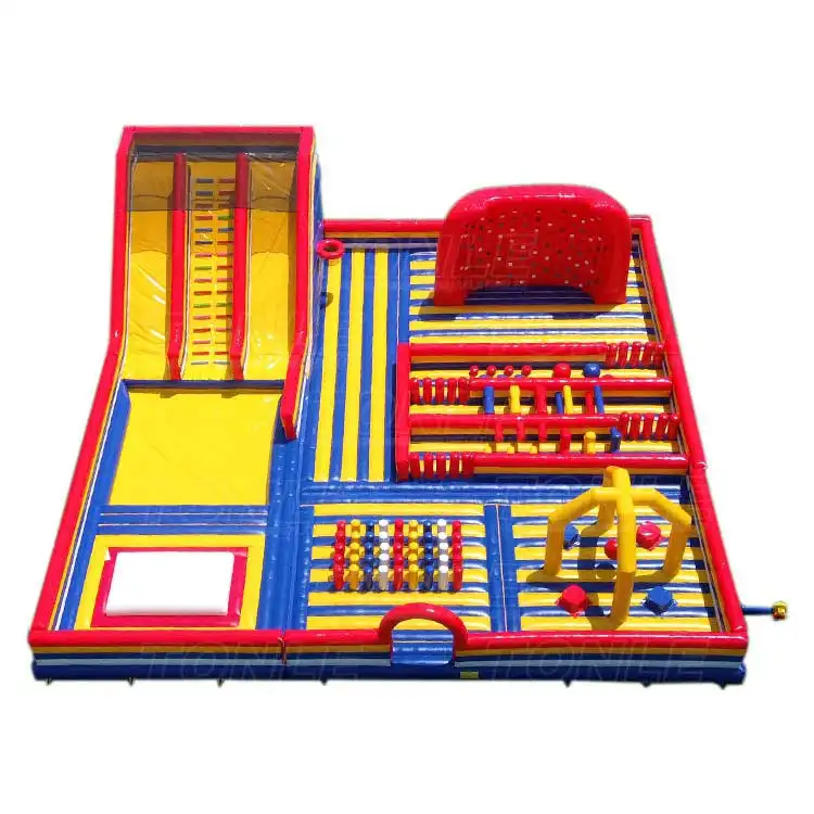 Red yellow and blue 20x20m inflatable park with slide and obstacles