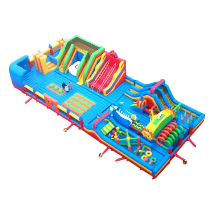 Super Spiderman theme fun city inflatable playground 28x12m blue base with red yellow slides